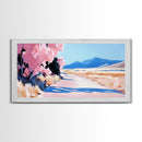 Blossoms, Mountain Path, Scenic Landscape Art, Nature Painting, Boho Decor, Framed Canvas Print, Pastel Pink Trees, Serene Wall Art