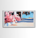 Flowers, Sunlit Walkway, Mediterranean Style Art, Floral Painting, Romantic Landscape, Framed Canvas Print, Outdoor Wall Art, Pastel Tones