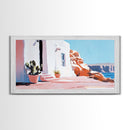 Cliffside House, Mediterranean Wall Art, Travel Print, Santorini Inspired Decor, Minimalist Aesthetic, Framed Canvas Print, Living Room