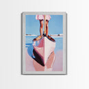 Pink Canoe, Girl, Reflection, Framed Canvas Print, Coastal Wall Art, Nautical Decor, Summer Aesthetic, Beach House Art, Boho Art