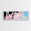 Rope Swing, Woman in Pink, Sunlit Sky, Framed Canvas Print, Summer Wall Art, Minimalist Decor, Feminine Aesthetic, Boho Art