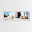 White House, Black Doorway, Blooming Flowers, Framed Canvas Print, Mediterranean Wall Art, Minimalist Architecture, Neutral Decor
