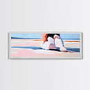Woman, Pink Dress, Ocean Waves, Framed Canvas Print, Feminine Wall Art, Romantic Beach Scene, Soft Pastel Aesthetic, Dreamy Home Decor