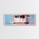 Lifeguard Tower, Ocean, Coastal, Framed Canvas Print, Beach House Decor, Nautical Wall Art, Minimalist Aesthetic, Blue and White Tones