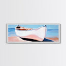 White Canoe, Coastal Wall Art, Seaside Aesthetic, Framed Canvas Print, Minimalist Boat Painting, Nautical Beach House Art, Ocean Decor