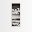 Coastal Waves, Black and White, Green Wave, Framed Canvas Print, Modern Beach Wall Art, Minimalist Ocean Decor, Living Room Art