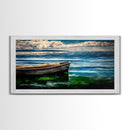 Lonely Boat, Ocean Painting, Nautical Home Decor, Framed Canvas Print, Coastal Wall Art, Blue Water Art, Beach House Art