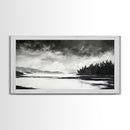 Monochrome Landscape Art, Misty Lake Canvas Print, Nature Wall Decor, Black and White Painting, Living Room Artwork, Framed Canvas Print