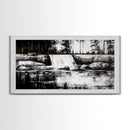 Waterfall Landscape, Black and White Nature Art, Forest Wall Decor, Rustic Art, Minimalist Landscape, Cabin Artwork, Framed Canvas Print