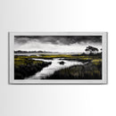 Marshland Scene, Serene Landscape, Black and White Nature Art, Modern Decor, Misty Grasslands, Living Room Artwork, Framed Canvas Print
