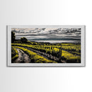 Vineyard View, Rolling Hills, Country Art, Framed Canvas Print, Rustic Landscape, Black White Yellow, Living Room Wall Art, Large Canvas