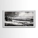 Winter Landscape, Black White, Scenic Country Road, Framed Canvas Print, Serene Nature Art, Rustic Wall Decor, Bedroom Artwork