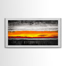 Fiery Sunset, Dramatic Sky, Abstract Landscape, Bold Colors, Modern Expressionism, Vibrant Wall Decor, Warm Tones, Framed Canvas Print