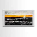 Sunrise Over Fields, Golden Light, Black and White Contrast, Tranquil Scene, Minimalist Wall Art, Warm Tones, Framed Canvas Print