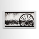 Wagon Wheel, Mountain Landscape, Black and White Western Art, Rustic Home Decor, Framed Canvas Print, Farmhouse Living Room Art