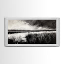 Marshland Landscape, Moody Black and White Art, Nature Wall Decor, Large Framed Canvas Print, Serene Wetlands Painting