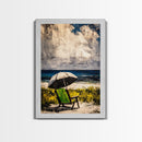 Seaside Relaxation Art, Green Beach Chair, Black White Umbrella, Ocean Scene, Serene Wall Decor, Nautical Home Artwork, Canvas Print