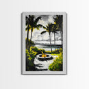 Palm Trees, Fire Pit, Coastal Escape, Beach House Decor, Black and White Art, Tropical Landscape, Canvas Print, Relaxing Wall Art
