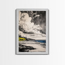 Cliffside View, Ocean Horizon, Cloudy Sky, Framed Canvas Print, Beach House Decor, Monochrome Wall Art, Relaxing Scenery