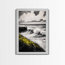 Ocean Waves Art, Black and White Seascape, Coastal Home Decor, Minimalist Beach Scene, Tranquil Water Wall Print, Framed Canvas Print