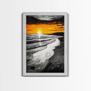 Golden Beach, Sunset Painting, Coastal Horizon, Framed Canvas Print, Seascape Art, Warm Fall Colors, Large Wall Art, Minimalist Style