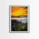Fiery Sunset, Ocean Waves, Golden Sky, Framed Canvas Print, Tropical Beach Art, Coastal Decor, Living Room Wall Art, Bold Colors