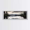 Mountain Reflection, Tranquil Lake Art, Black and White Landscape, Nature Inspired Decor, Framed Canvas Print, Cabin Wall Art, Moody Forest Scene