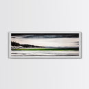 Serene Lake, Monochrome Water Art, Minimalist Nature, Dramatic Sky, Green Accent, Modern Home Wall Decor, Framed Canvas Print