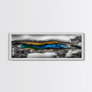 Hot Spring, Geothermal Pool Art, Abstract Nature, Deep Blue and Gold, Black and White Contrast, Unique Wall Decor, Framed Canvas Print