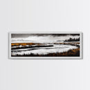 Snowy River Artwork, Mountain Landscape Painting, Rustic Winter Decor, Black and White Wall Art, Nature Print, Living Room Art, Canvas Print