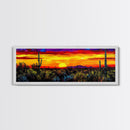 Desert Sunset Art, Vibrant Cactus Painting, Warm Boho Landscape, Southwestern Wall Decor, Bold Nature Print, Framed Canvas Print