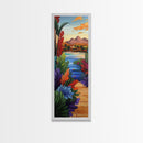 Path Garden, Village Painting, Framed Canvas Print, whimsical tropical pathway, village view, bold colorful foliage, hallway wall art, boho style