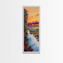 Sunset Waves, Colorful Leaves, Beach Serenity, Framed Canvas Print, vibrant ocean wall decor, boho coastal living room art