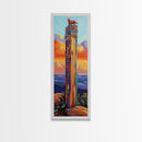 Totem, Ocean, Sunset, Whimsy - Framed Canvas Print, Coastal Totem Wall Art, Whimsical Beach House Decor, Colorful Folk Art Living Room Style