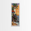 Seaside, Villa, Sunset, Palms, Framed Canvas Print, Coastal tropical wall art, beach house decor, boho living room painting, colorful home vibes