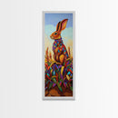 Rabbit, Autumn, Leaves, Field, Framed Canvas Print, Fall nursery wall art, woodland animal painting, whimsical harvest decor, colorful boho style