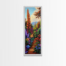 Jungle, Pathway, Tropical, Florals, Framed Canvas Print vibrant rainforest trail painting boho nature themed hallway or office wall art