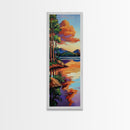 Lake, Pines, Sunset, Art, Framed Canvas Print of forest lakeside at golden hour, tranquil nature art, cozy cabin wall decor, Fall vibes