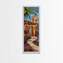 Spanish Villa, Garden, Tropical House Framed Canvas Print, Southwestern Wall Decor, Vibrant Living Room Art, Colorful Home Scene