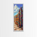 Fence Desert, Colorful, Southwest Boho Vibes Framed Canvas Print, Rustic Living Room Art, Eclectic Wall Decor, Vibrant Folk Style