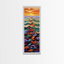 Ocean Journey, Colorful Fish, Sunrise Waves, Framed Canvas Print, vibrant coastal fish painting, kids room or nautical beach house art