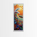 Ocean Wave, Sunset, Splash - Framed Canvas Print coastal wall art, colorful seascape decor, vibrant wave art, living room beach painting