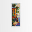 Villa Palms, Beach Colorful — Framed Canvas Print, tropical vacation home decor, beach house art, vibrant coastal scene, entryway print
