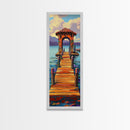 Colorful Pier, Archway, Water — Framed Canvas Print of a vibrant pier scene, coastal wall art, boho lake house decor, office accent