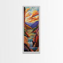 Canyon Sunset, Waterfall Calm, Framed Canvas Print, dramatic mountain wall art, nature inspired living room decor, colorful scenic landscape