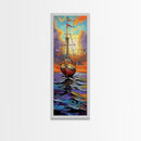 Pirate Ship, Sunset Ocean, Framed Canvas Print, nautical wall art, sailing adventure painting, moody seascape decor, office or den wall art