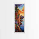 Sunset Cliffside, Ocean Tropical, Framed Canvas Print, Bold rocky coastline painting, tropical wall art, den or office decor piece