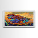 Wings Sunset, Nature, Abstract Boho Wall Art Framed Canvas Print, Colorful Dragonfly Wing Design, Living Room Focal Piece