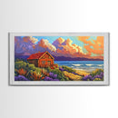 Cabin by Ocean, Colorful Beach Sunset, Cloudy Sky Art, Canvas Print, Autumn Wall Decor, Cozy Living Room Art, Rustic Coastal Scene