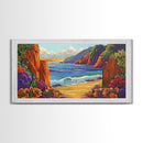 Ocean Cliffside, Flowers, Canvas Print, Colorful beachscape painting, Bathroom Wall Art, vibrant coastal decor,beach flower wall art